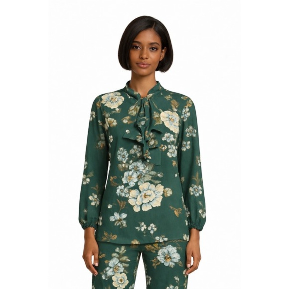 Eva Mendes New York & Co Floral Ruffle Tie Neck Blouse Green S Cottagecore 55-27